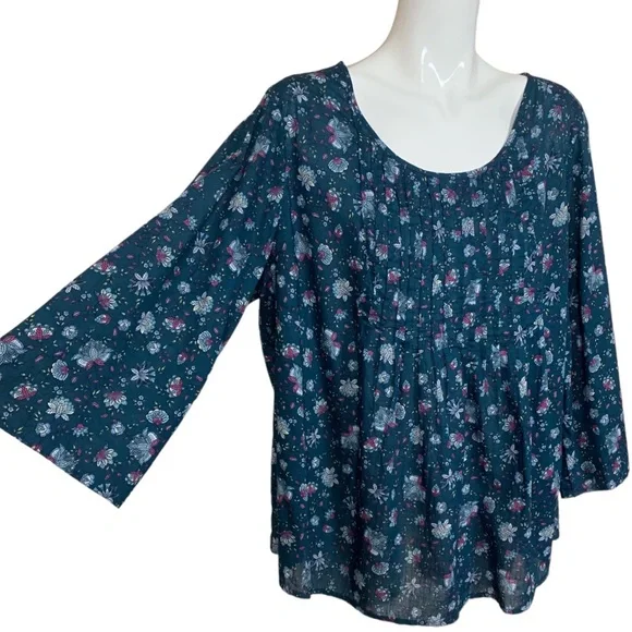 J. Jill Pintuck Floral Flare Sleeve Cotton Top Blouse XL - Picture 3 of 11